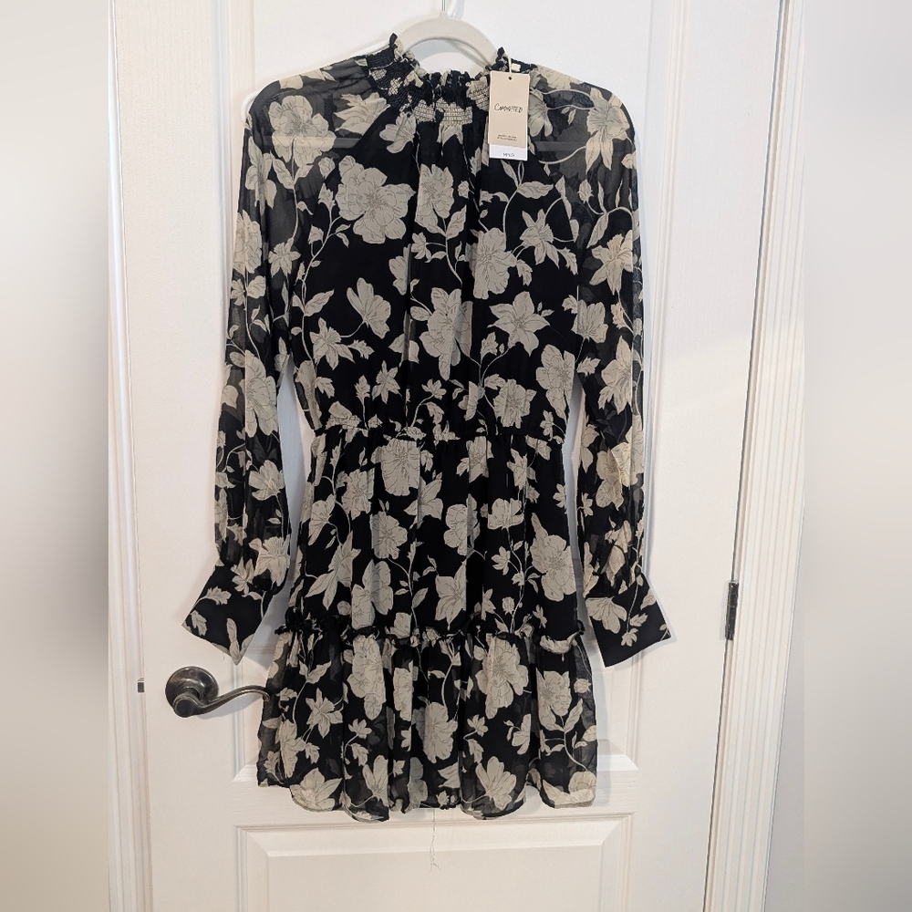 Mango Black and Cream Floral Long Sleeve Dress